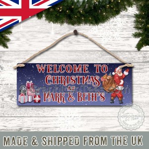Personalised  Welcome To Christmas Door Sign Personalized House Name Plaque with Santa Father Christmas